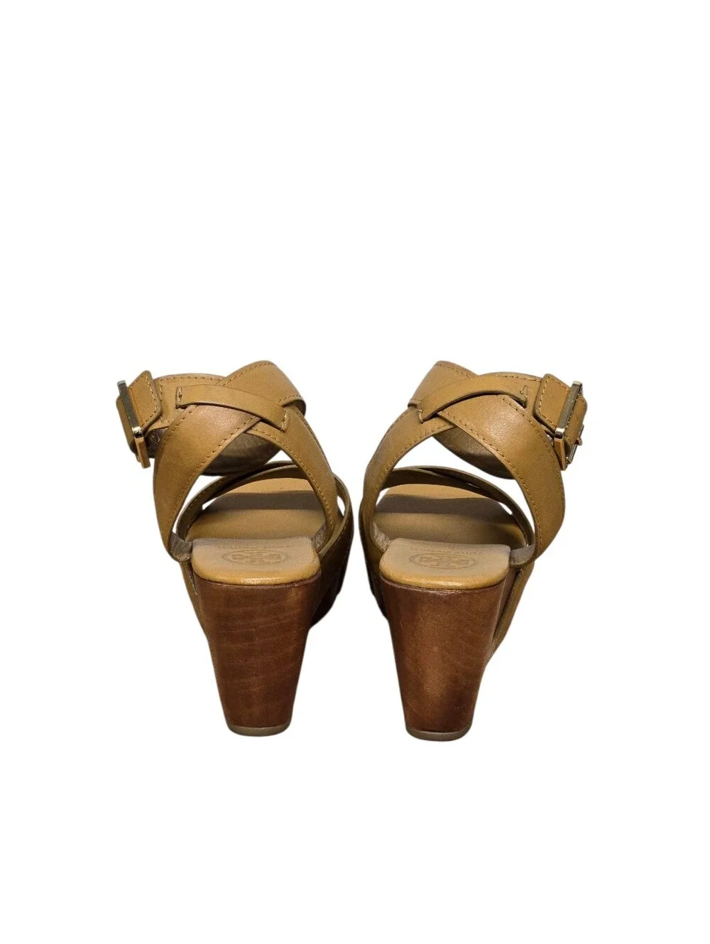 Tory Burch Almita Sandals Women's Size 8 Leather Ankle Strap Wooden Heel Wedges